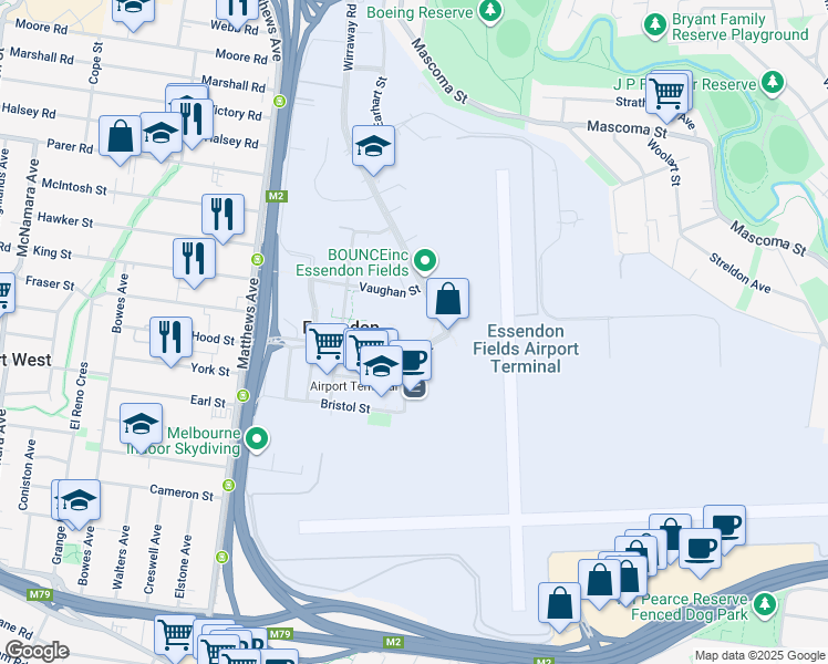 map of restaurants, bars, coffee shops, grocery stores, and more near 55 English Street in Essendon Fields