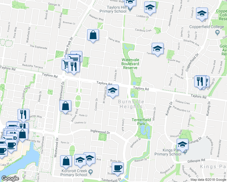 map of restaurants, bars, coffee shops, grocery stores, and more near 9 Muscat Avenue in Burnside Heights