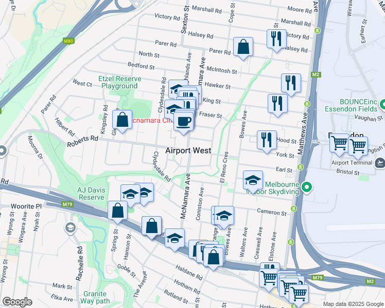 map of restaurants, bars, coffee shops, grocery stores, and more near 25 Roberts Road in Airport West