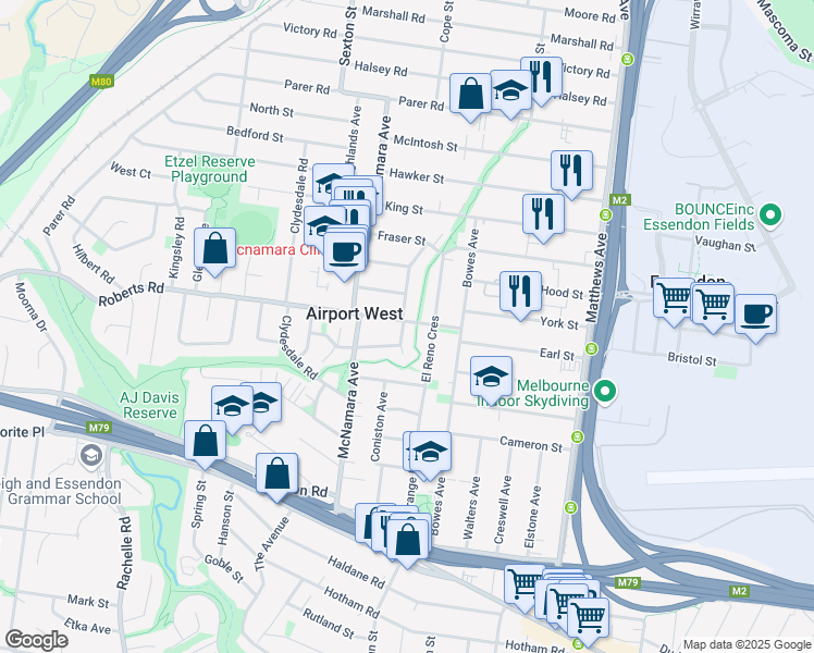 map of restaurants, bars, coffee shops, grocery stores, and more near 9 Roberts Road in Airport West