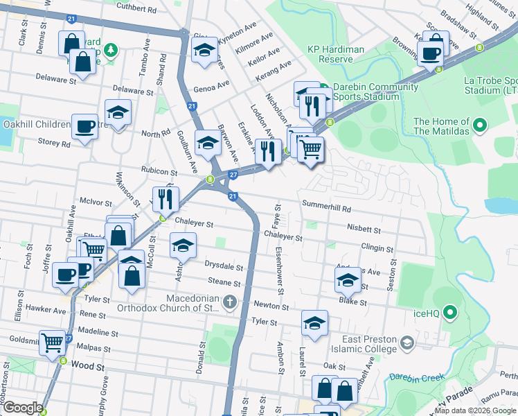 map of restaurants, bars, coffee shops, grocery stores, and more near 8 Dorrington Avenue in Reservoir