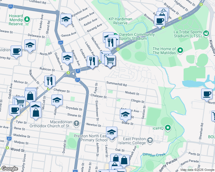 map of restaurants, bars, coffee shops, grocery stores, and more near 8 Oulton Crescent in Reservoir