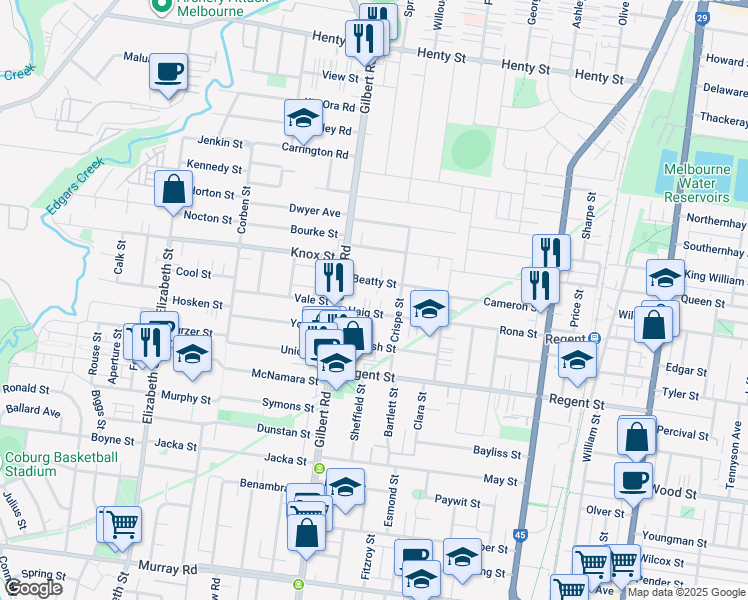 map of restaurants, bars, coffee shops, grocery stores, and more near 24 Haig Street in Reservoir