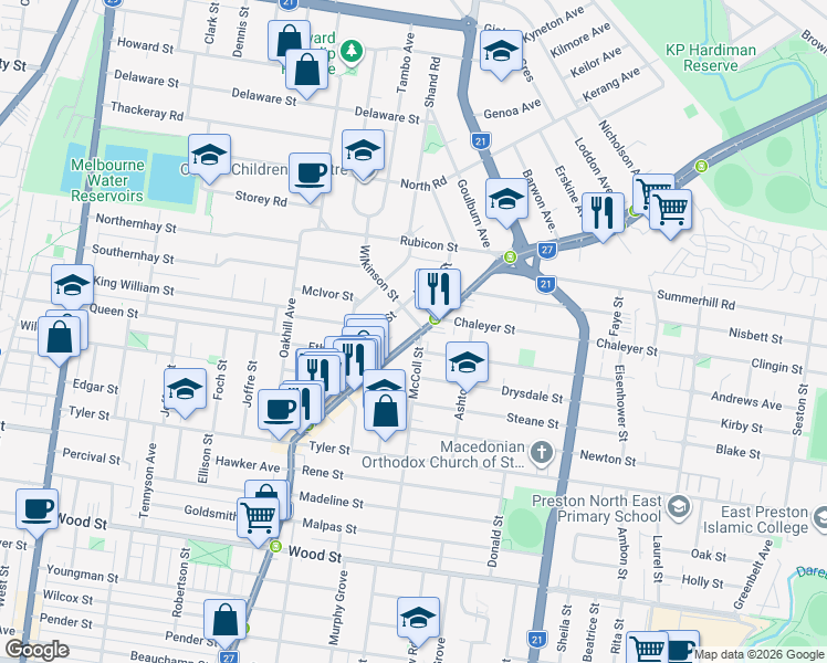 map of restaurants, bars, coffee shops, grocery stores, and more near 755 Plenty Road in Reservoir