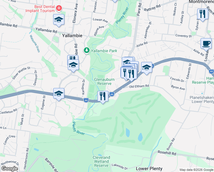 map of restaurants, bars, coffee shops, grocery stores, and more near 29 Main Road in Lower Plenty