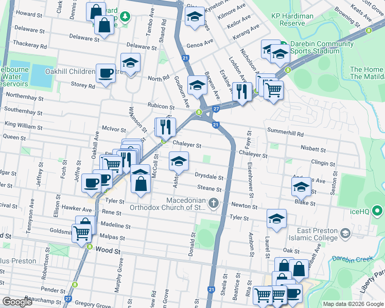 map of restaurants, bars, coffee shops, grocery stores, and more near 34 McComas Street in Reservoir