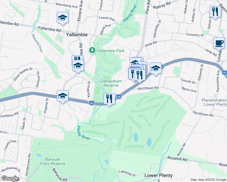 map of restaurants, bars, coffee shops, grocery stores, and more near 29 Main Road in Lower Plenty