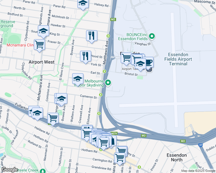 map of restaurants, bars, coffee shops, grocery stores, and more near 2 Burns Street in Essendon Fields