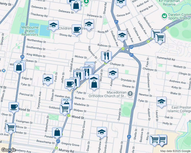 map of restaurants, bars, coffee shops, grocery stores, and more near 30 Robb Street in Reservoir