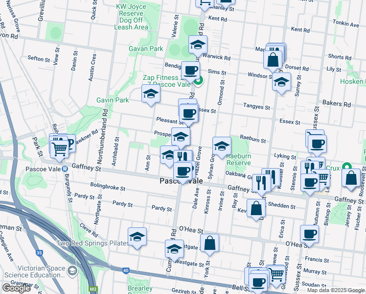 map of restaurants, bars, coffee shops, grocery stores, and more near 109 Cumberland Road in Pascoe Vale