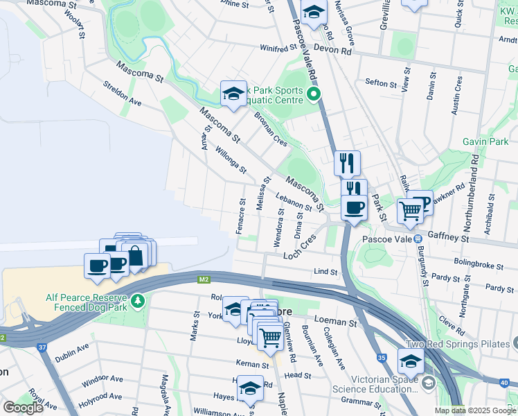 map of restaurants, bars, coffee shops, grocery stores, and more near Melissa Street in Strathmore