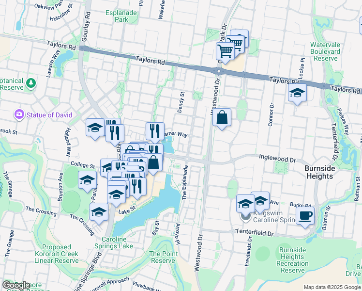 map of restaurants, bars, coffee shops, grocery stores, and more near 11 Monckton Place in Caroline Springs
