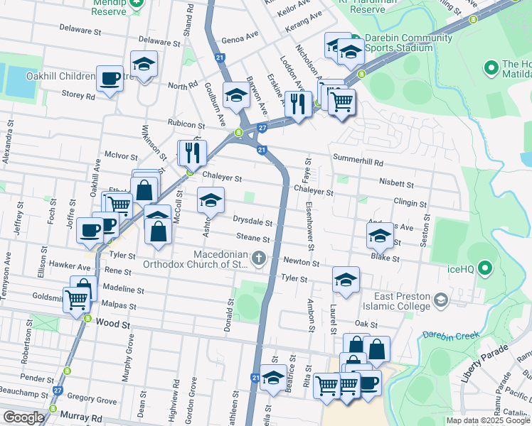map of restaurants, bars, coffee shops, grocery stores, and more near 11 McComas Street in Reservoir