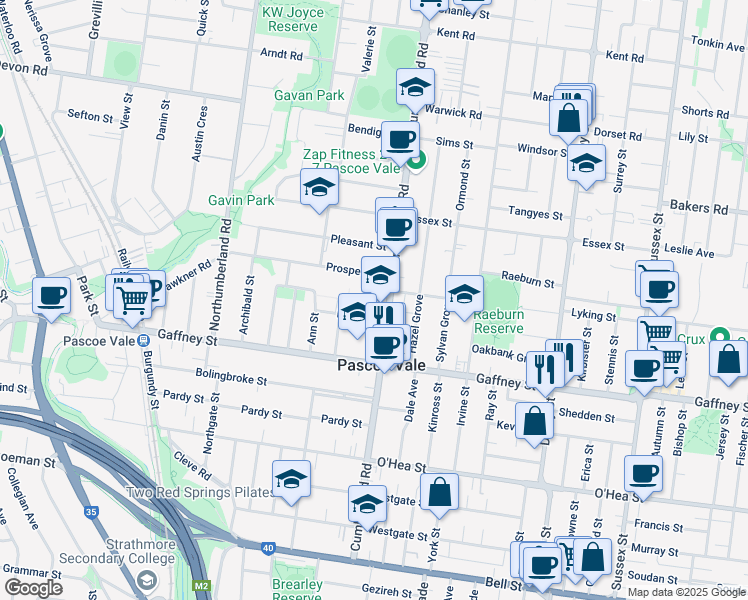 map of restaurants, bars, coffee shops, grocery stores, and more near 109 Cumberland Road in Pascoe Vale