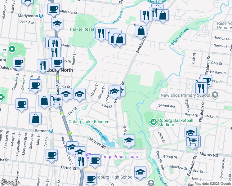 map of restaurants, bars, coffee shops, grocery stores, and more near 63 Newlands Road in Coburg North