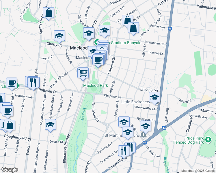 map of restaurants, bars, coffee shops, grocery stores, and more near 9 Argyle Street in Macleod