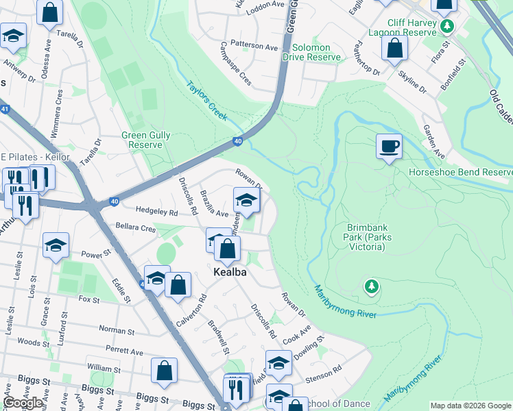 map of restaurants, bars, coffee shops, grocery stores, and more near 8 Nerida Court in Kealba