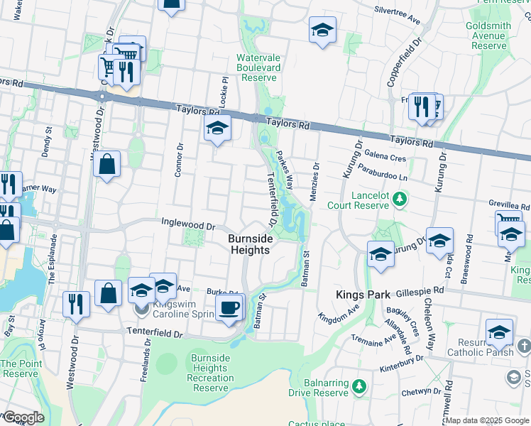map of restaurants, bars, coffee shops, grocery stores, and more near 3 Bruce Street in Burnside Heights