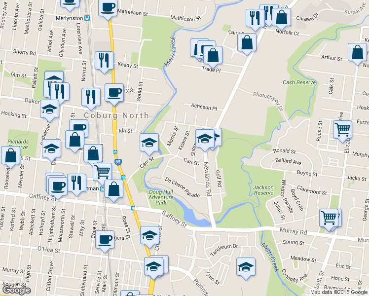 map of restaurants, bars, coffee shops, grocery stores, and more near 6 Keane Street in Coburg North