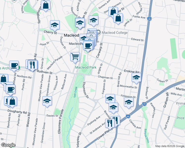 map of restaurants, bars, coffee shops, grocery stores, and more near 48 Chapman Street in Macleod
