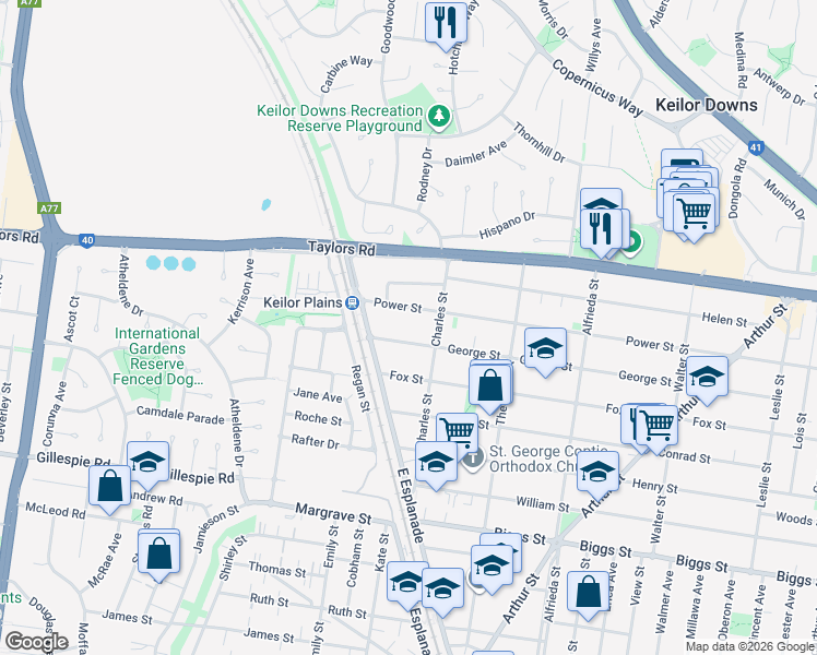 map of restaurants, bars, coffee shops, grocery stores, and more near 112 George Street in Saint Albans