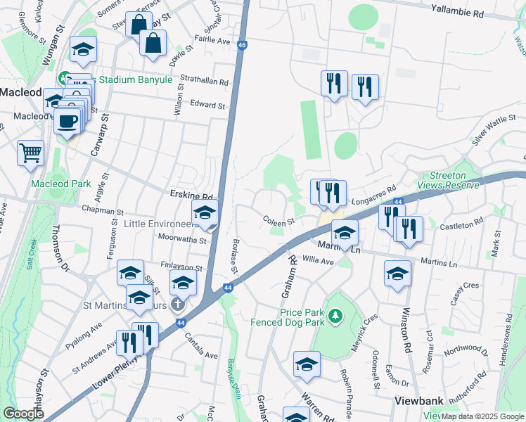 map of restaurants, bars, coffee shops, grocery stores, and more near 21 Coleen Street in Yallambie
