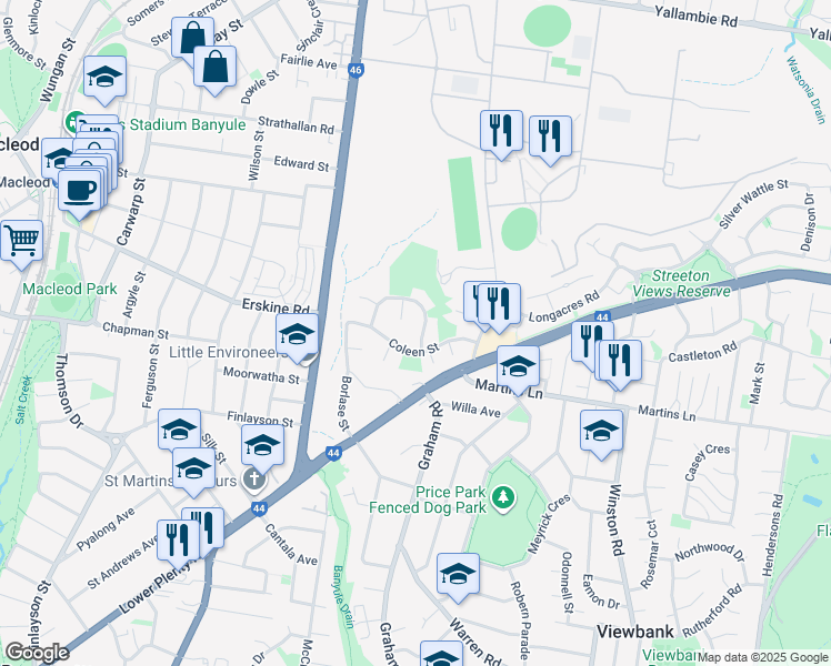 map of restaurants, bars, coffee shops, grocery stores, and more near 28 Fahey Crescent in Yallambie