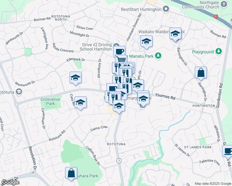 map of restaurants, bars, coffee shops, grocery stores, and more near Thomas Road in Hamilton