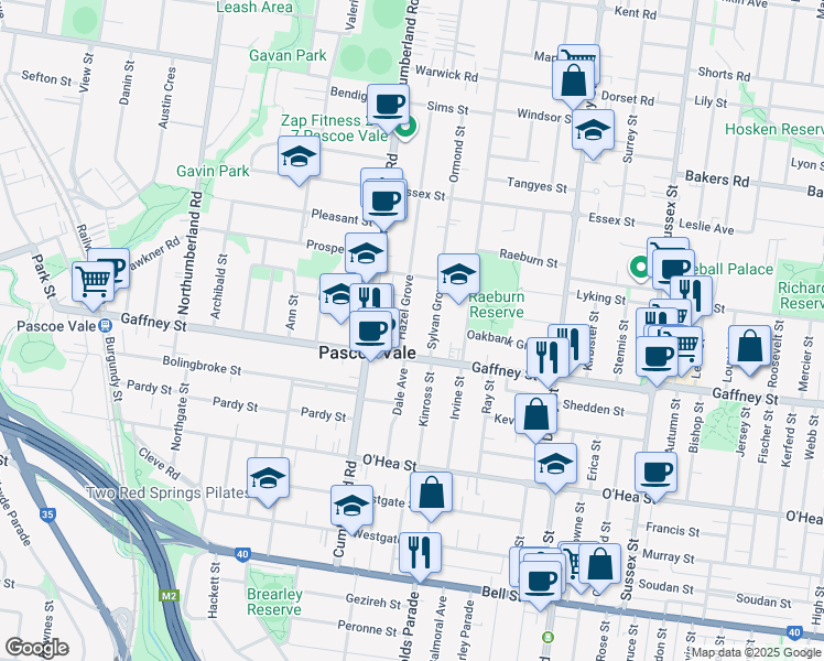 map of restaurants, bars, coffee shops, grocery stores, and more near 6 Hazel Grove in Pascoe Vale