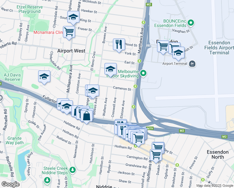 map of restaurants, bars, coffee shops, grocery stores, and more near 56 Creswell Avenue in Airport West