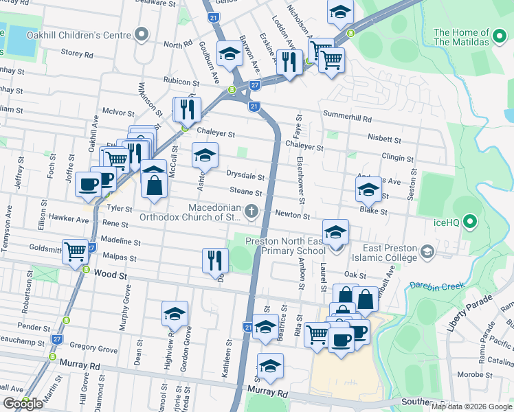 map of restaurants, bars, coffee shops, grocery stores, and more near 28 Newton Street in Reservoir