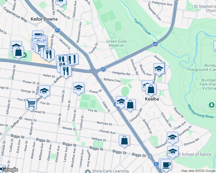 map of restaurants, bars, coffee shops, grocery stores, and more near 276 Sunshine Avenue in Kealba