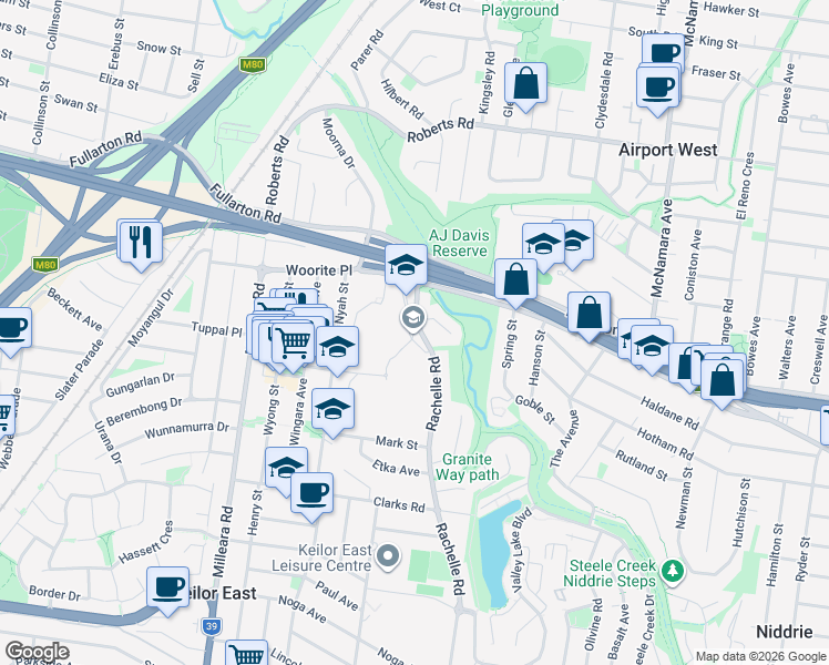 map of restaurants, bars, coffee shops, grocery stores, and more near Rachelle Road in Keilor East