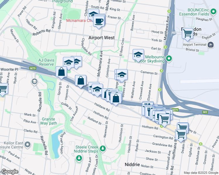 map of restaurants, bars, coffee shops, grocery stores, and more near 16 Coniston Avenue in Airport West