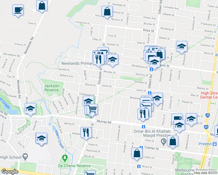 map of restaurants, bars, coffee shops, grocery stores, and more near 43 Jacka Street in Preston