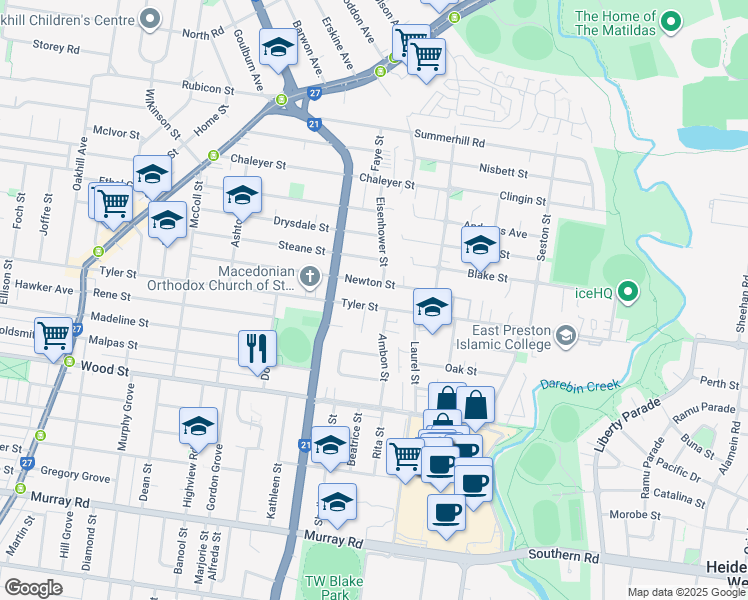 map of restaurants, bars, coffee shops, grocery stores, and more near 108 Tyler Street in Preston