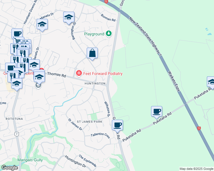 map of restaurants, bars, coffee shops, grocery stores, and more near Thomas Road in Hamilton