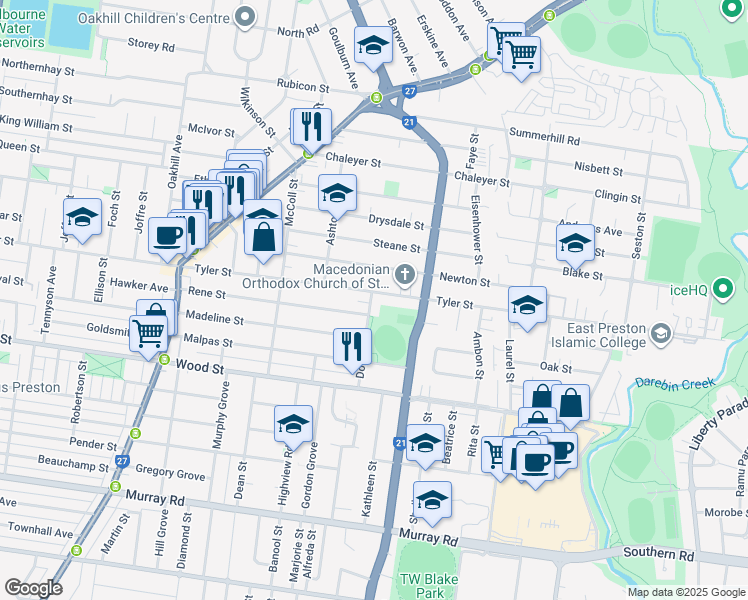 map of restaurants, bars, coffee shops, grocery stores, and more near 20 Donald Street in Preston