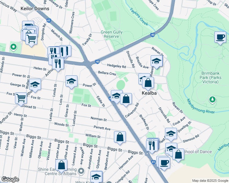 map of restaurants, bars, coffee shops, grocery stores, and more near 14 Georgia Place in Kealba
