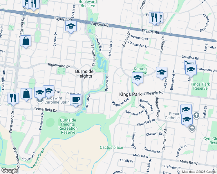 map of restaurants, bars, coffee shops, grocery stores, and more near 23 Batman Street in Burnside Heights