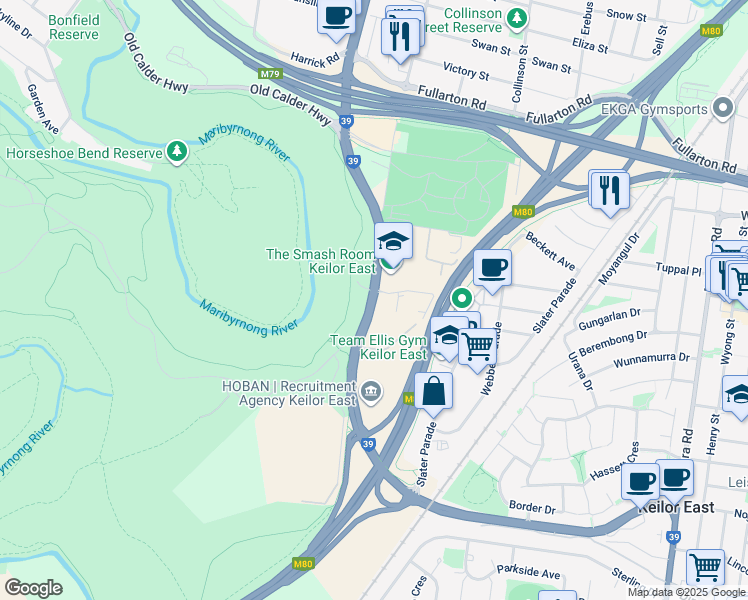 map of restaurants, bars, coffee shops, grocery stores, and more near Keilor Park Drive in Keilor East