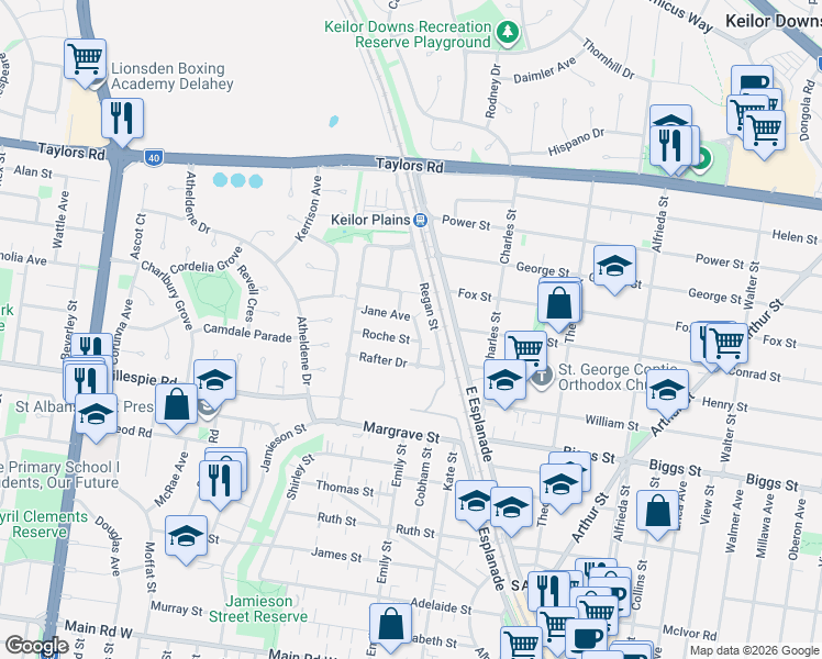 map of restaurants, bars, coffee shops, grocery stores, and more near 19 Jane Avenue in Saint Albans