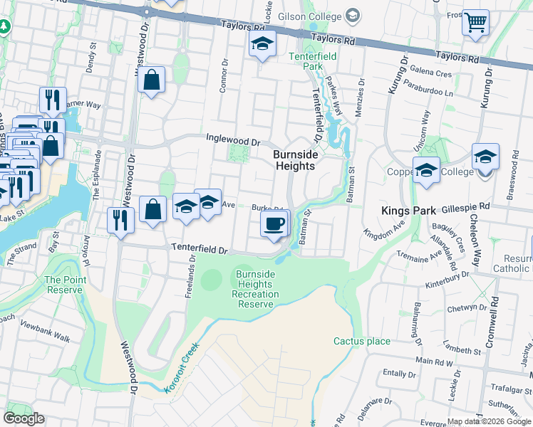 map of restaurants, bars, coffee shops, grocery stores, and more near 13 Burke Road in Burnside Heights