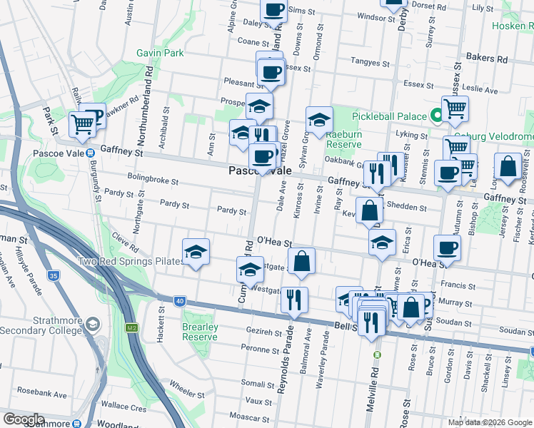 map of restaurants, bars, coffee shops, grocery stores, and more near 17 Dale Avenue in Pascoe Vale
