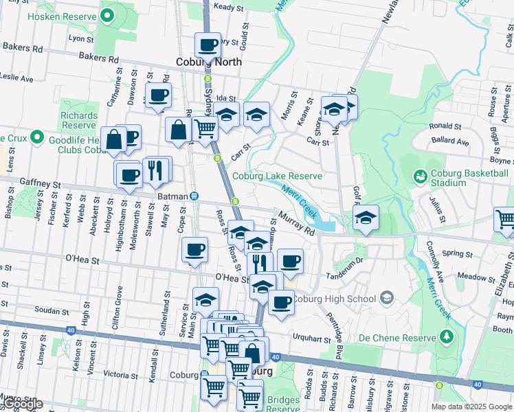 map of restaurants, bars, coffee shops, grocery stores, and more near in Coburg North