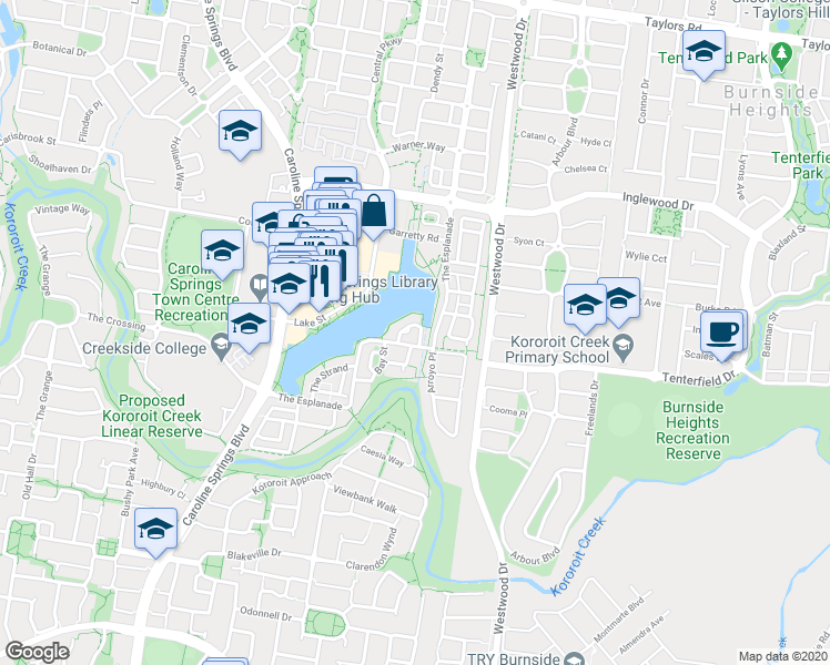 map of restaurants, bars, coffee shops, grocery stores, and more near 14 Caravel Lane in Caroline Springs
