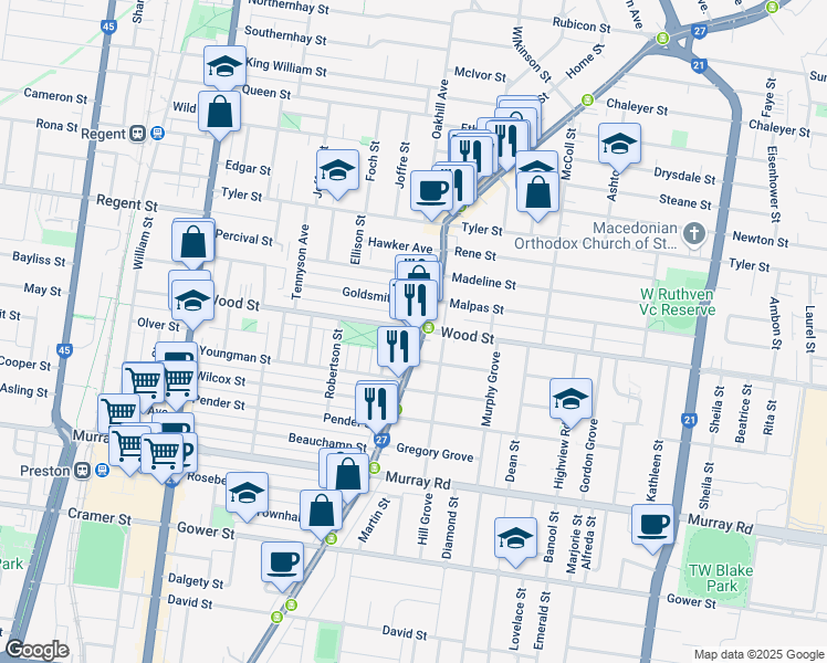 map of restaurants, bars, coffee shops, grocery stores, and more near 541 Plenty Road in Preston