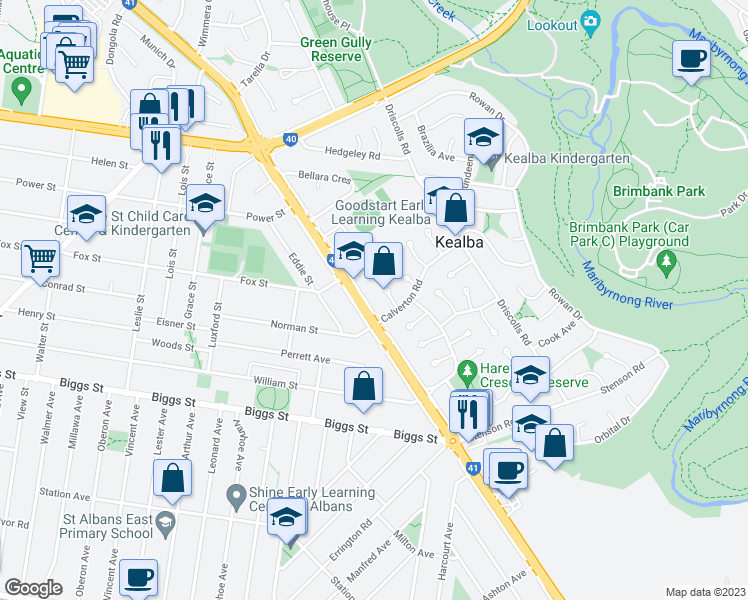 map of restaurants, bars, coffee shops, grocery stores, and more near 224 Sunshine Avenue in Kealba