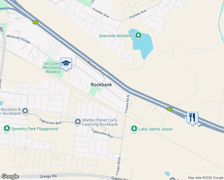 map of restaurants, bars, coffee shops, grocery stores, and more near 24 Westcott Parade in Rockbank