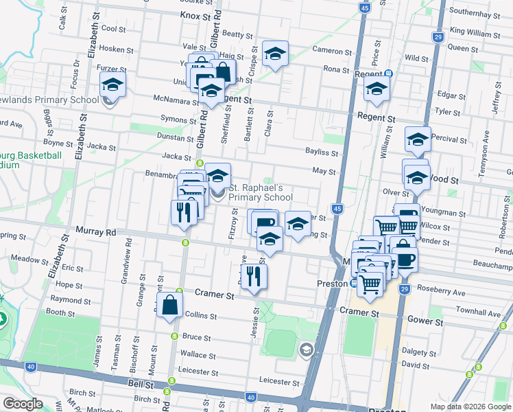 map of restaurants, bars, coffee shops, grocery stores, and more near 48 Cooper Street in Preston